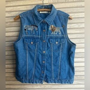 Embroidered Shirt Denim Vest with Zebra Lion Animal Design Safari Zoo Medium